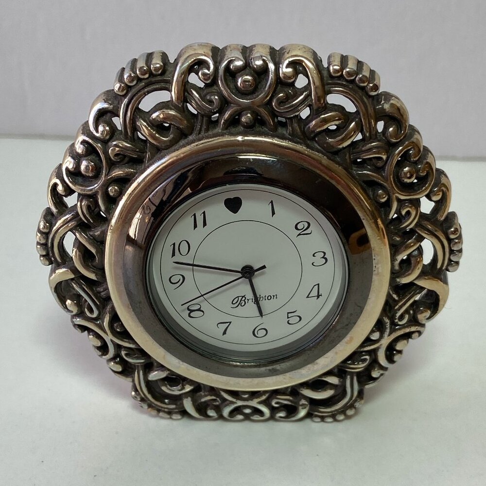 Brighton Silver Round Filigre Desk Clock Travel Clock Mini Clock